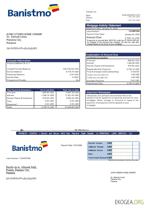 Relevé hypothécaire de la banque Panama Banistmo aux formats Word et PDF